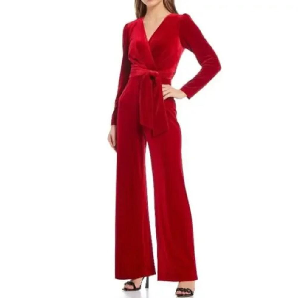 Antonio Melani Jumpsuit Red Velvet Long Sleeve V Neck Wrap Tie Waist Size 0 NWT
